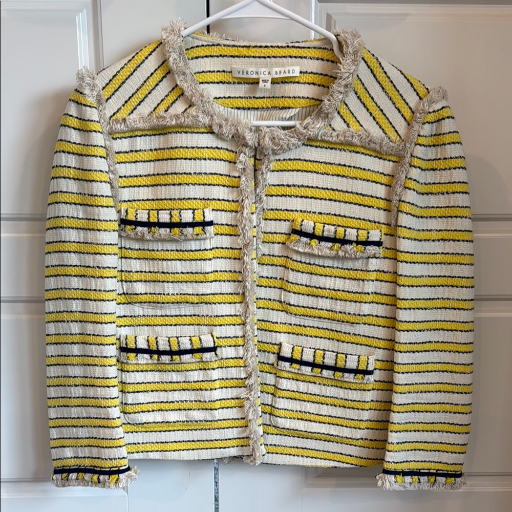 Veronica Beard Yellow and Black Striped Fringe Jacket